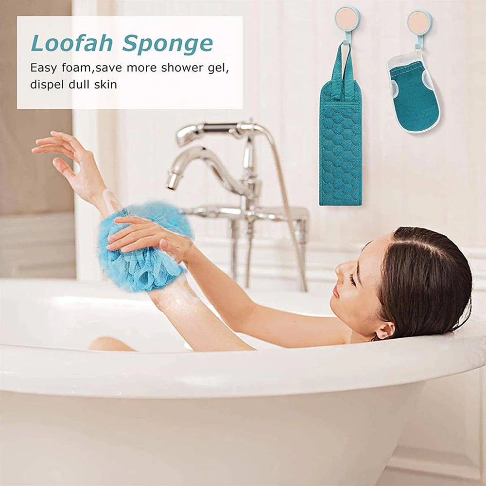 Exfoliating Body Scrubber Set with Back Scrubber, Bath Glove & Loofah
