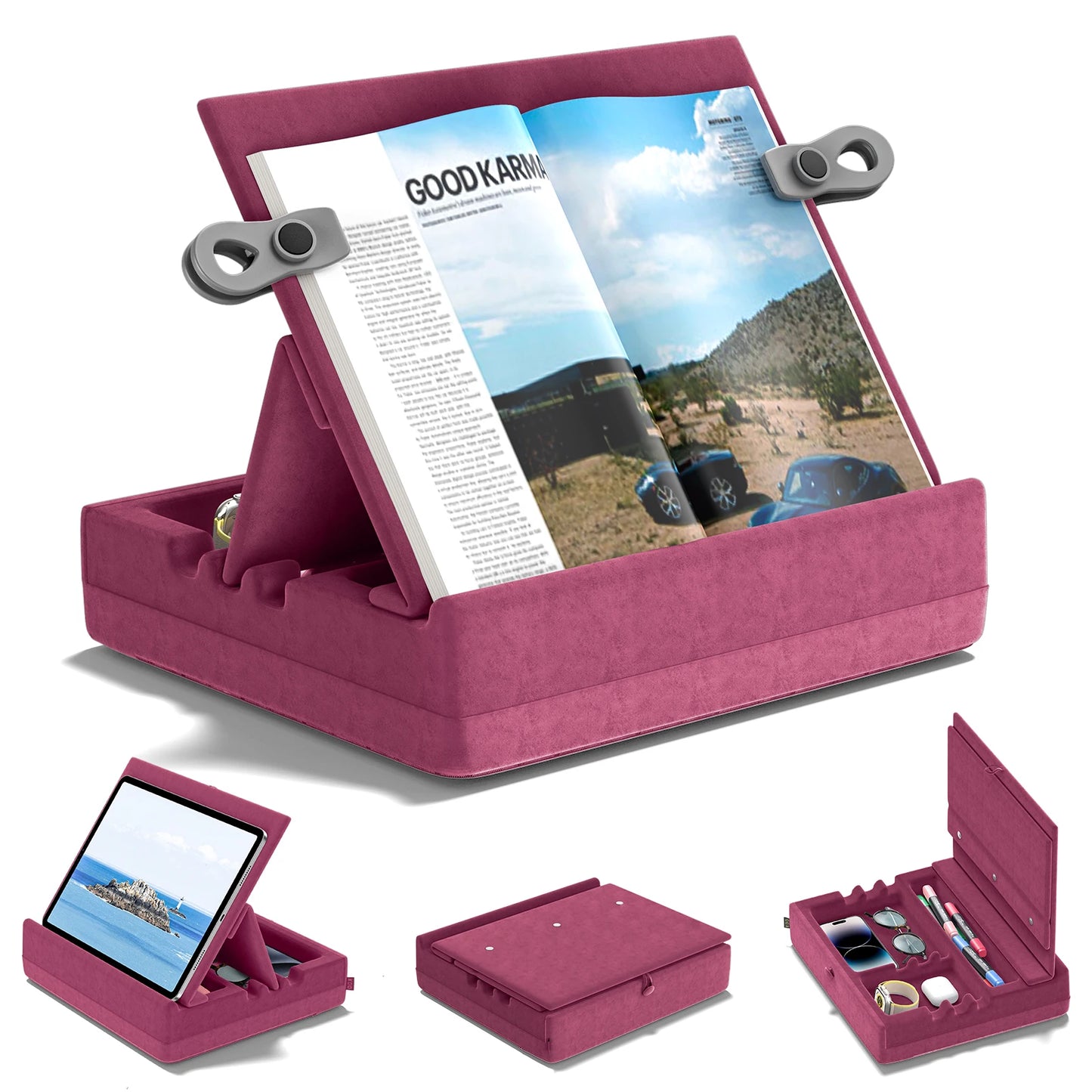 Multi-Angle Book & Tablet Stand with Storage – Foldable Reading Holder for Bed, Desk & Couch