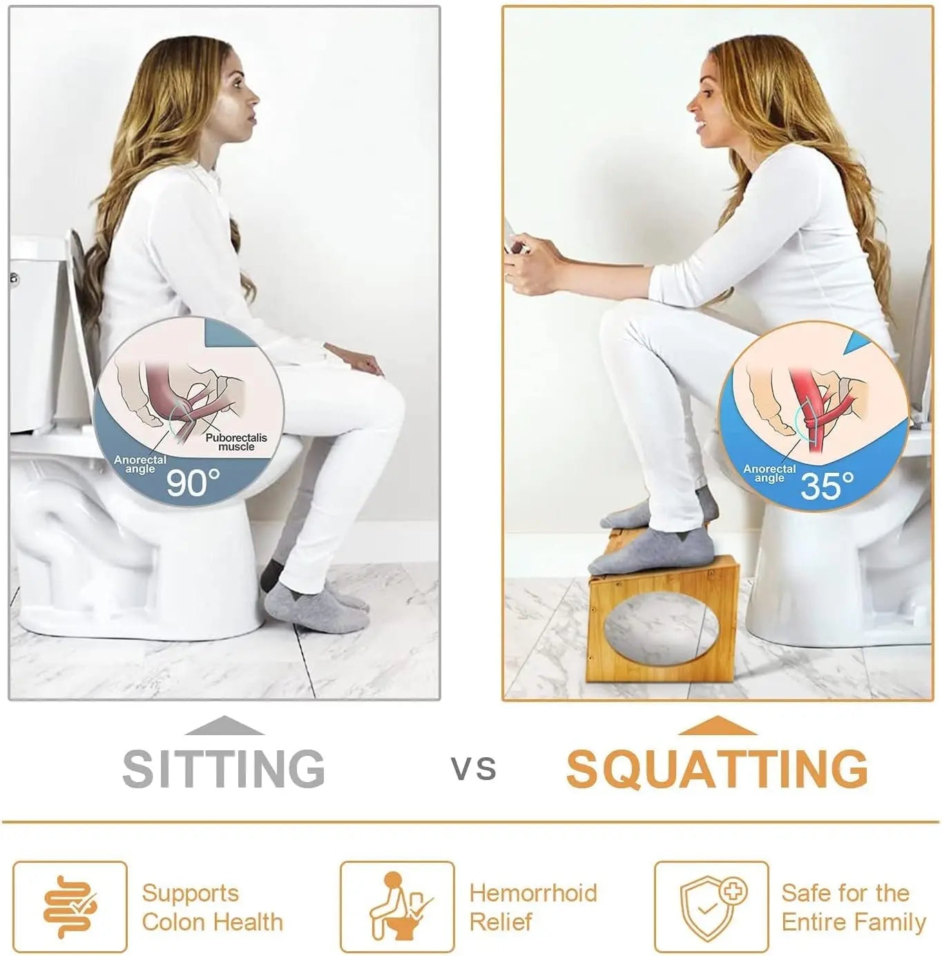 Bamboo Squat Toilet Stool, Non-Slip Bathroom Footstool (No Installation)