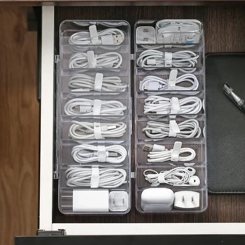 Clear Cable Storage Organizer Box – Divided Grid Case for Charging Cables & Small Electronics
