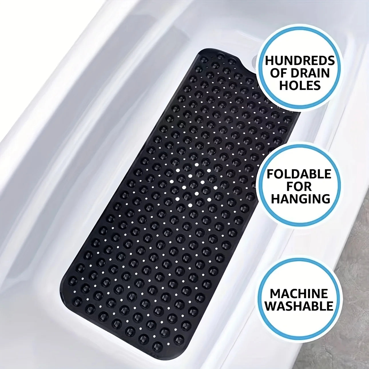 Non-Slip Bathtub & Shower Mat with Suction Cups and Drain Holes (Machine Washable)