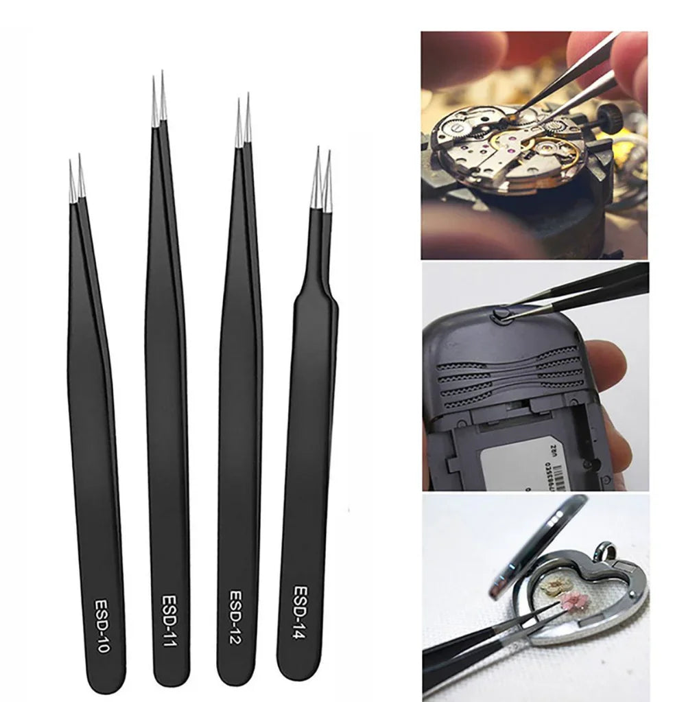 Precision Anti-Static Stainless Steel Tweezers Set (2–6 pcs) for Electronics & Craft Repair