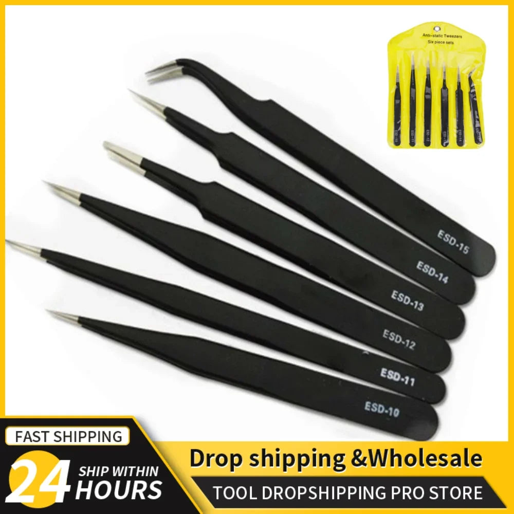 Precision Anti-Static Stainless Steel Tweezers Set (2–6 pcs) for Electronics & Craft Repair