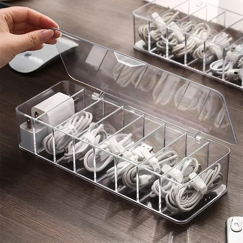 Clear Cable Storage Organizer Box – Divided Grid Case for Charging Cables & Small Electronics