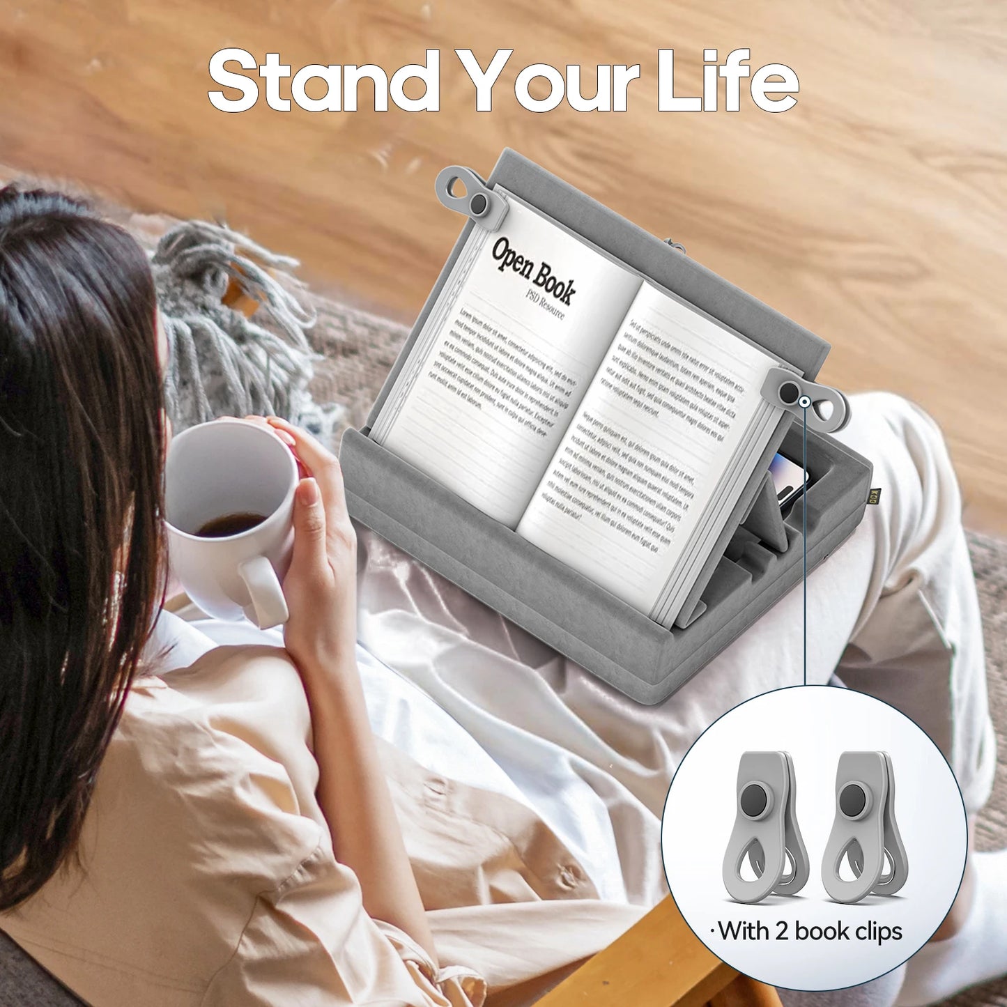 Multi-Angle Book & Tablet Stand with Storage – Foldable Reading Holder for Bed, Desk & Couch