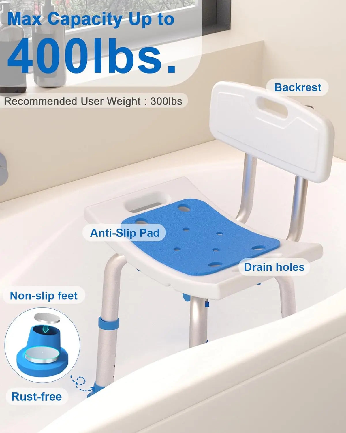 Adjustable Shower Chair with Removable Back for Bathroom Safety