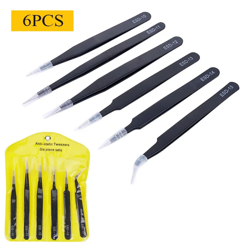 Precision Anti-Static Stainless Steel Tweezers Set (2–6 pcs) for Electronics & Craft Repair