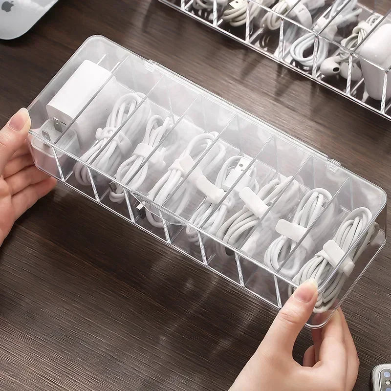 Clear Cable Storage Organizer Box – Divided Grid Case for Charging Cables & Small Electronics