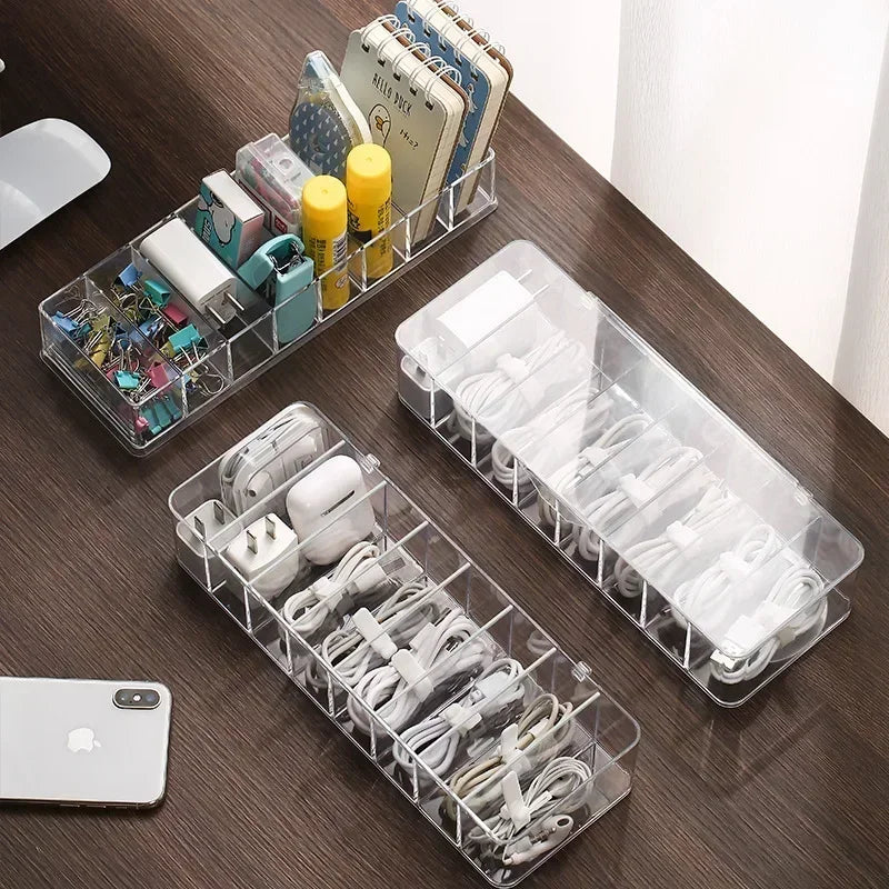 Clear Cable Storage Organizer Box – Divided Grid Case for Charging Cables & Small Electronics