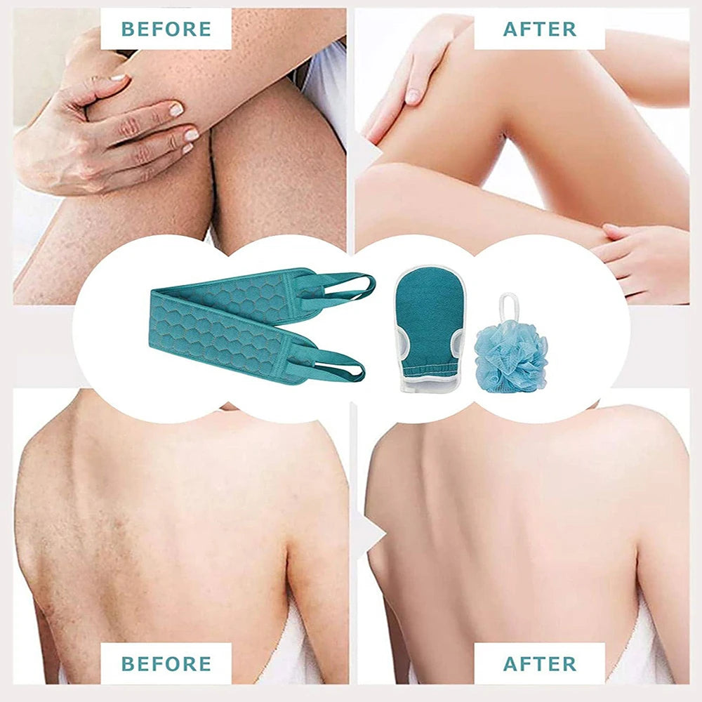 Exfoliating Body Scrubber Set with Back Scrubber, Bath Glove & Loofah