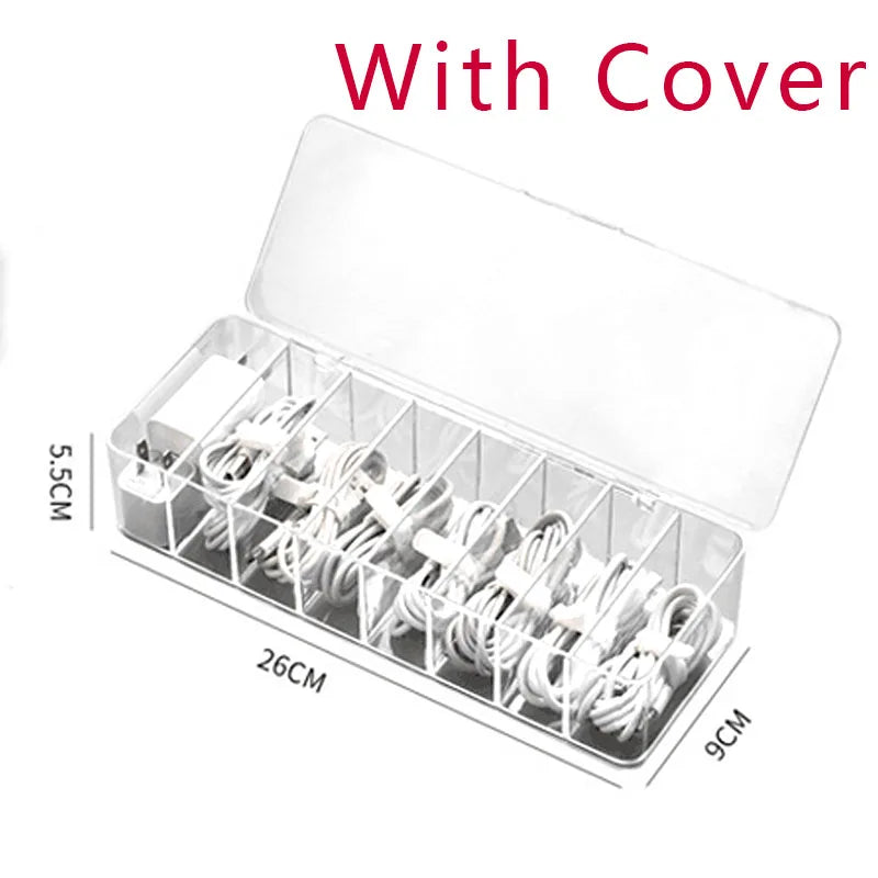 Clear Cable Storage Organizer Box – Divided Grid Case for Charging Cables & Small Electronics