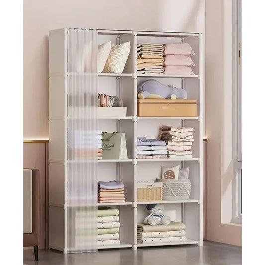 Portable Multi-Layer Wardrobe Storage Cabinet – Dust-Protected Clothes Organizer with Curtain Cover