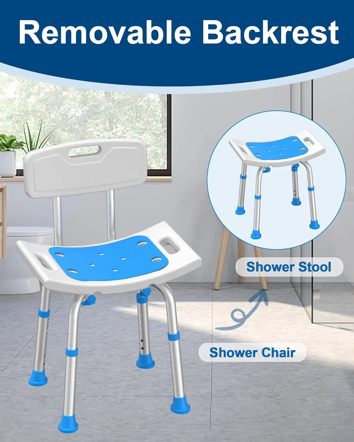 Adjustable Shower Chair with Removable Back for Bathroom Safety