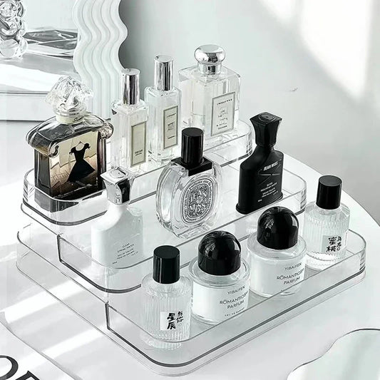 3-Tier Desktop Organizer Shelf – Clear PET Storage Rack for Perfume, Cosmetics & Small Items